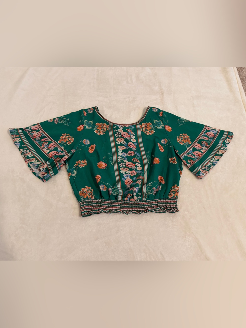 Jealous Tomato Size Medium Green Floral Boho Elastic Waist & Back Tie Top